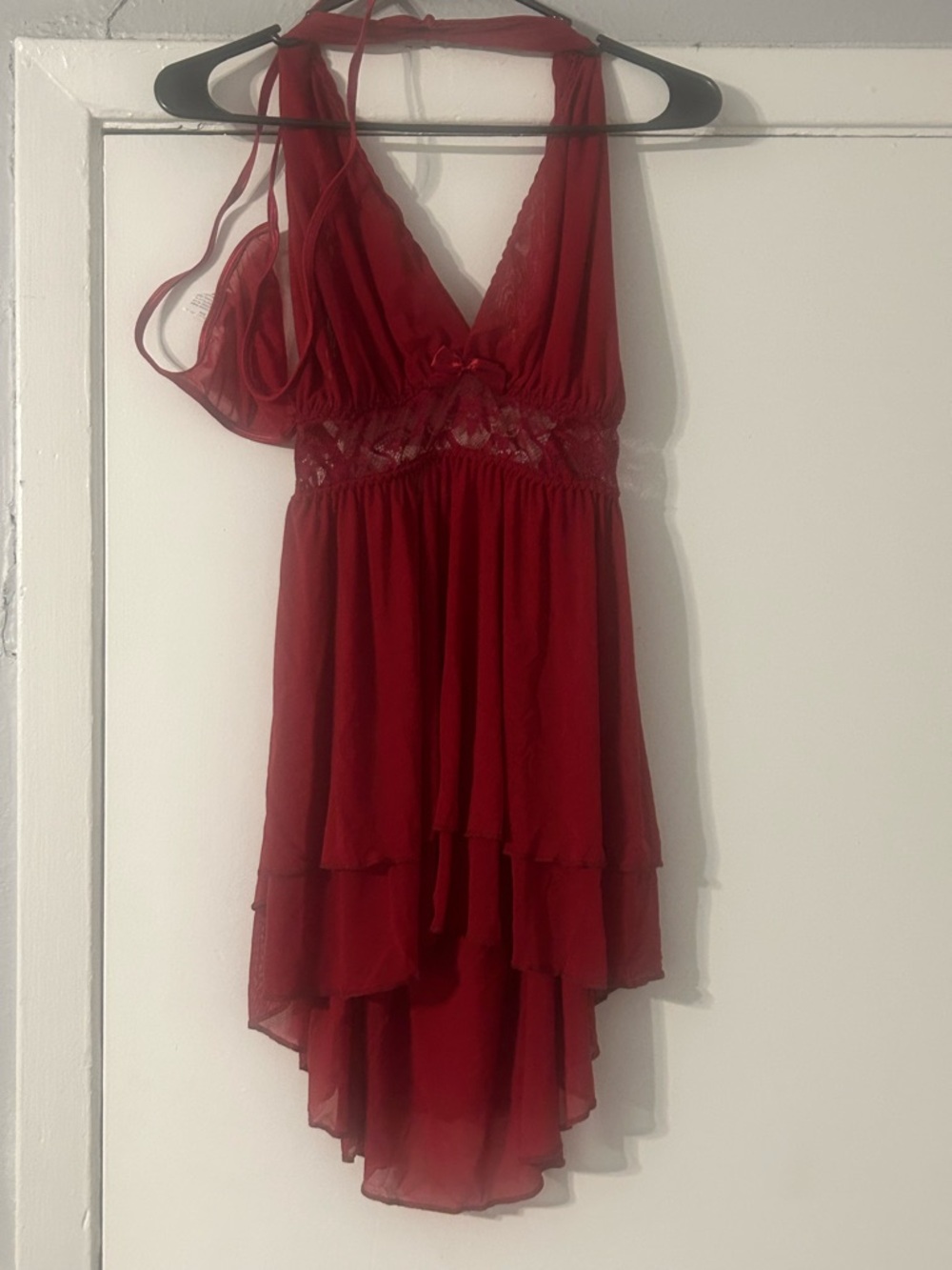 Red Lace-Trim Halter Babydoll Dress